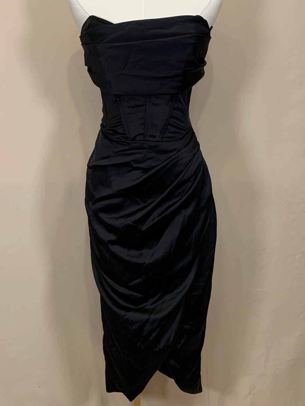 Bardot Black Satin Corset Midi Dress